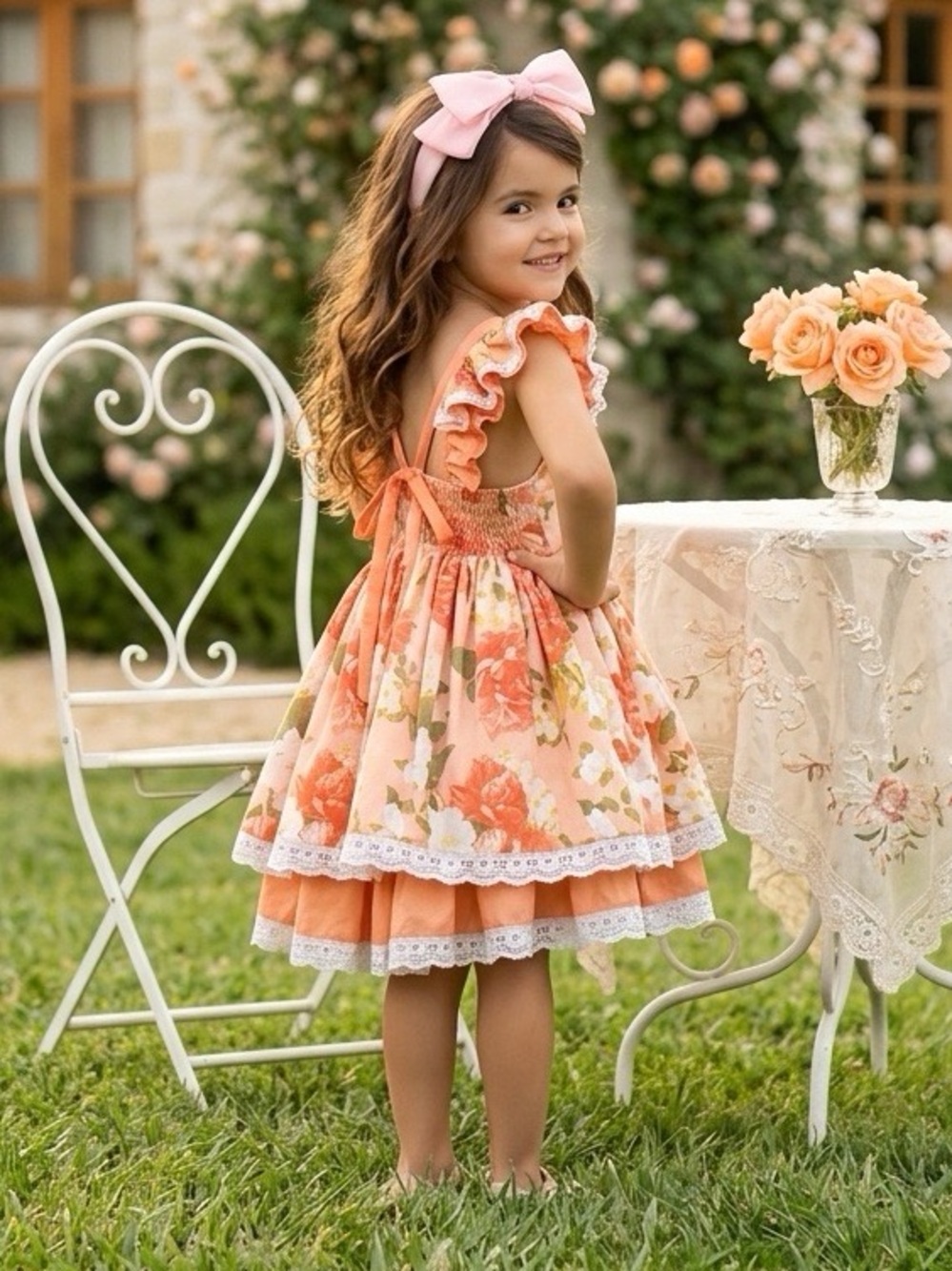 Monika Studio Girls Floral Ruffle Pinafore Dress - Peach/Coral  Floral Size 4 T - Picture 2 of 13